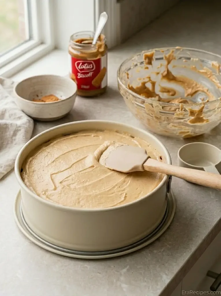 Biscoff Cheesecake for an Easy No-Bake Dessert Biscoff Cheesecake No-bake Biscoff cheesecake filling smoothed over the cookie crust before chilling
