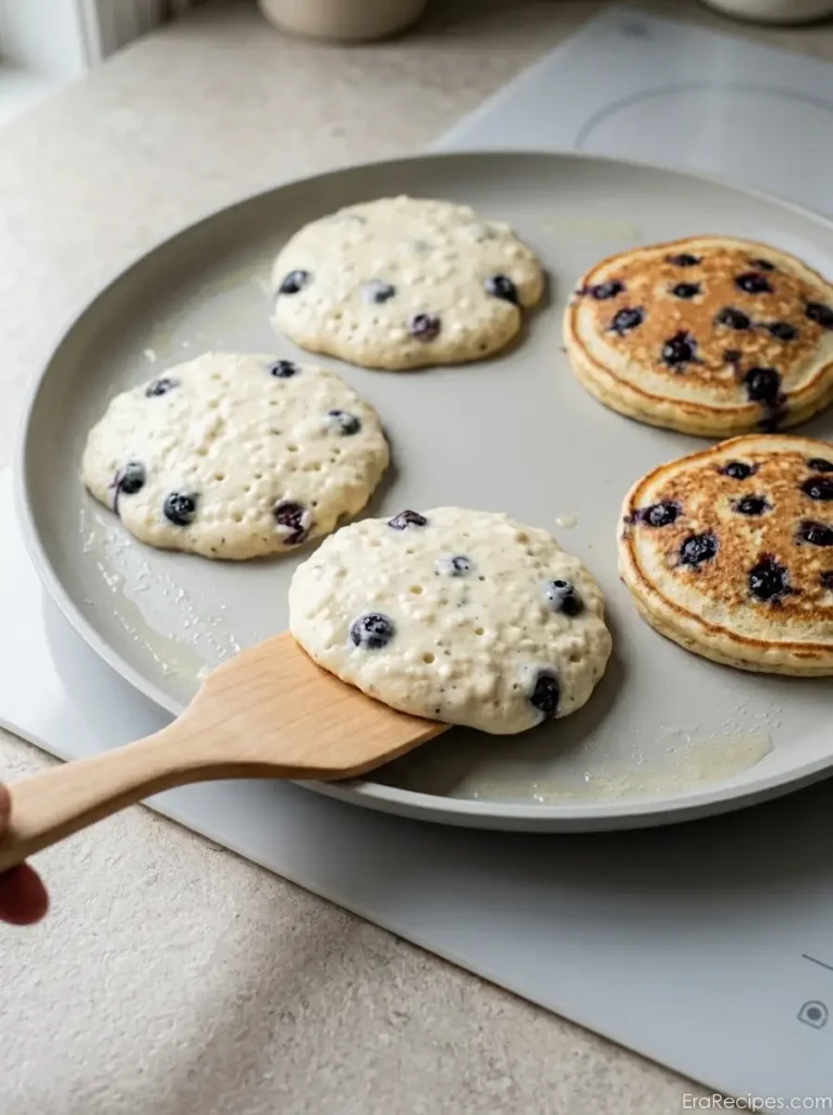 Blueberry Cottage Cheese Pancakes for a Protein Breakfast Blueberry Cottage Cheese Pancakes Blueberry cottage cheese pancakes cooking on a nonstick griddle until golden