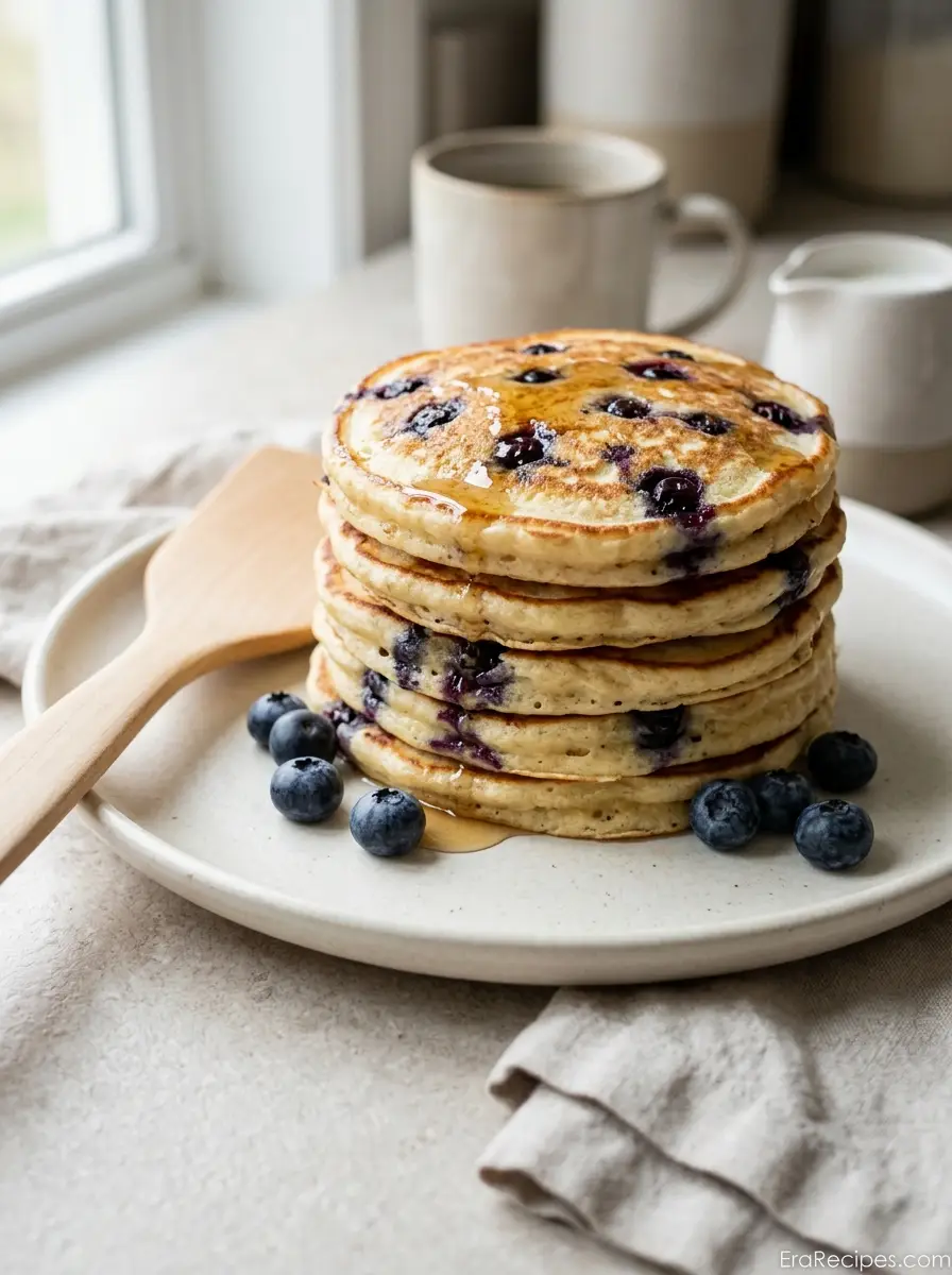 Home Stack of fluffy Blueberry Cottage Cheese Pancakes with juicy blueberries