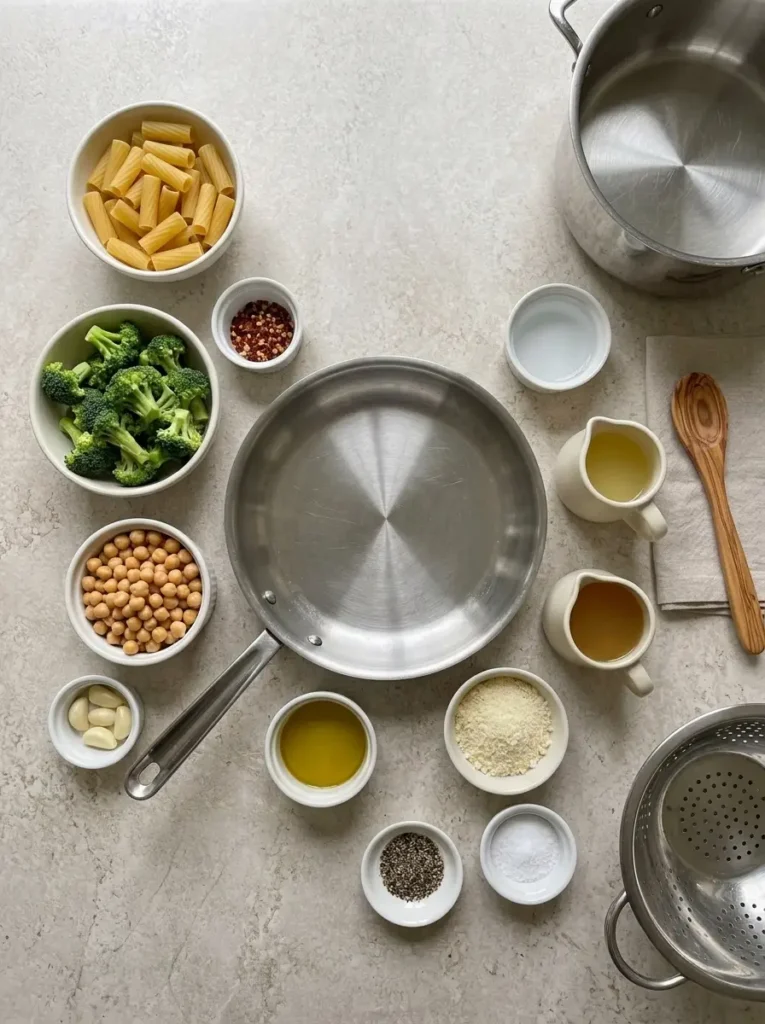 Broccoli Chickpea Pasta for a Quick Meatless Dinner Broccoli Chickpea Pasta Broccoli Chickpea Pasta ingredients arranged separately in matching ivory bowls
