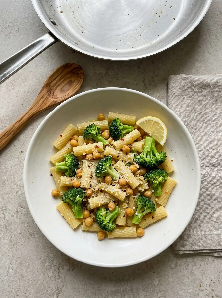 Home Broccoli Chickpea Pasta with golden chickpeas, lemon, garlic, and bright broccoli