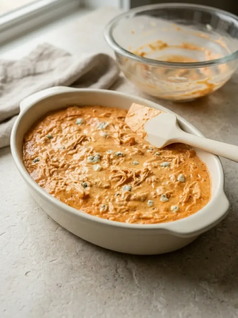 Buffalo Chicken Dip for Football Parties Buffalo Chicken Dip Buffalo Chicken Dip spread evenly in a shallow baking dish before baking