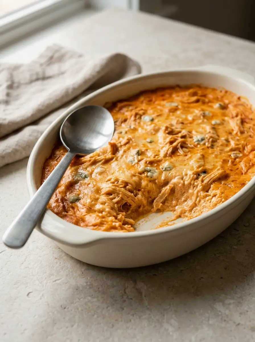 Home Warm Buffalo Chicken Dip in a shallow baking dish for a football party