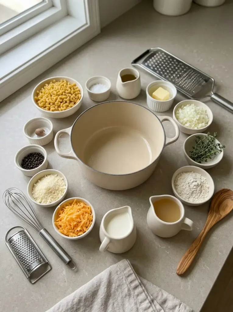 Butternut Squash Mac and Cheese for a Cozy Fall Dinner Butternut Squash Mac and Cheese Butternut Squash Mac and Cheese ingredients arranged separately in ivory bowls