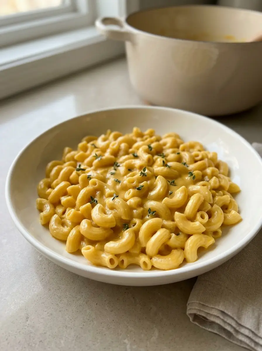 Home Creamy Butternut Squash Mac and Cheese served in an ivory bowl with fresh thyme