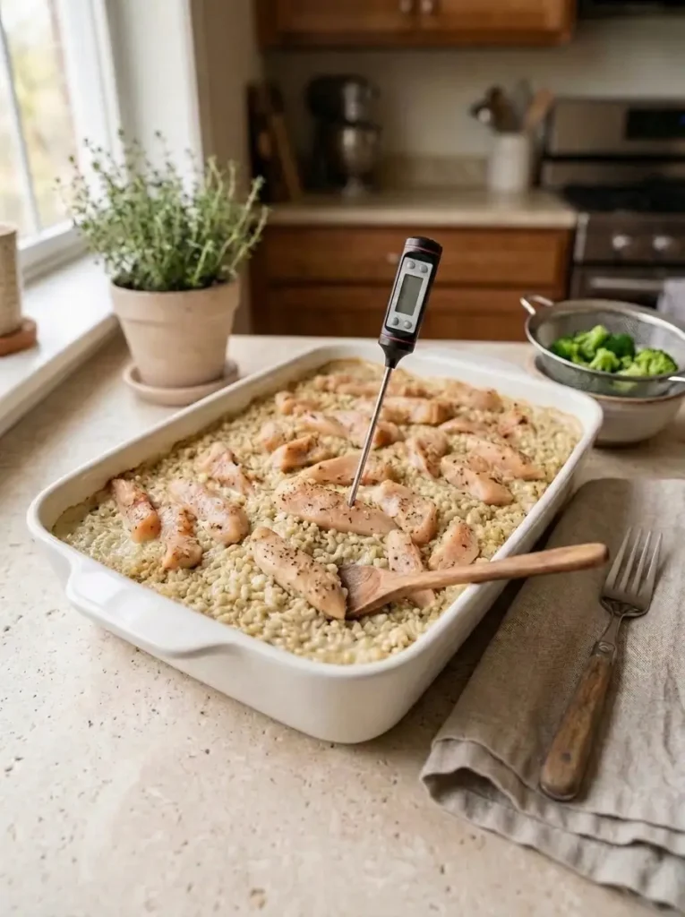 Chicken Broccoli Quinoa Casserole for Busy Nights Chicken Broccoli Quinoa Casserole Partially baked chicken quinoa casserole being checked with an instant-read thermometer