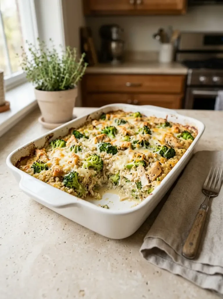 Creamy Chicken Broccoli Quinoa Casserole with chicken, broccoli, quinoa, and melted cheese