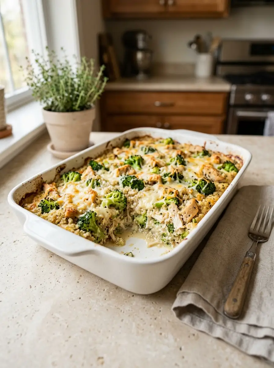 Home Creamy Chicken Broccoli Quinoa Casserole with chicken, broccoli, quinoa, and melted cheese