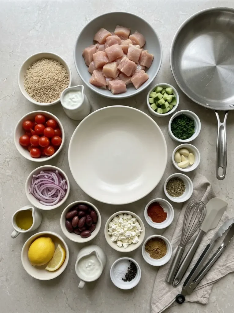 Chicken Gyro Bowls for a Fresh Mediterranean Dinner Chicken Gyro Bowls Chicken Gyro Bowl ingredients arranged separately in matching ivory bowls