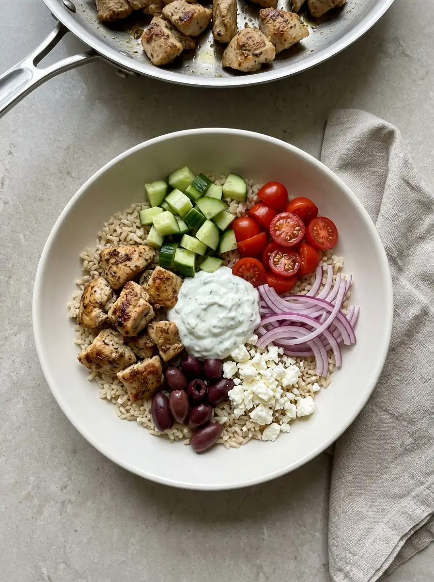Home Chicken Gyro Bowl with rice, browned chicken, vegetables, feta, olives, and tzatziki