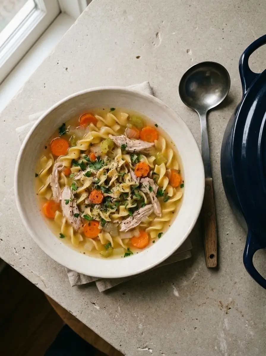 Home Overhead bowl of Chicken Noodle Soup with chicken, carrots, celery, egg noodles, and parsley