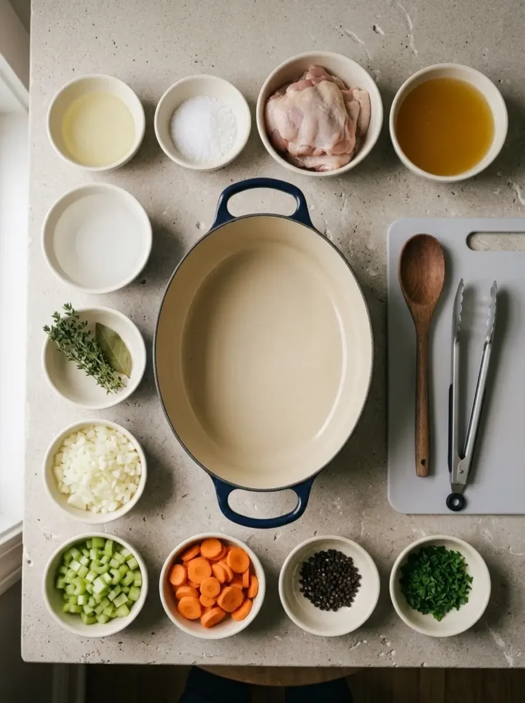 Chicken Noodle Soup for a Cozy Family Dinner Chicken Noodle Soup Chicken Noodle Soup ingredients in individual bowls around a navy Dutch oven