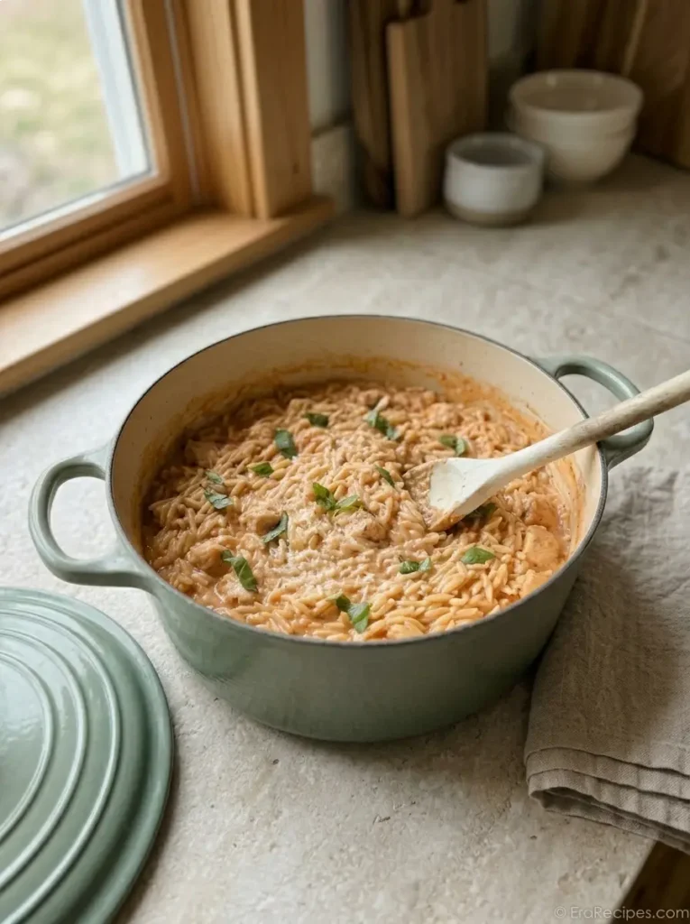 Creamy Tomato Chicken Orzo for Busy Weeknights Creamy Tomato Chicken Orzo Cooked chicken, Parmesan, and basil stirred into creamy tomato orzo