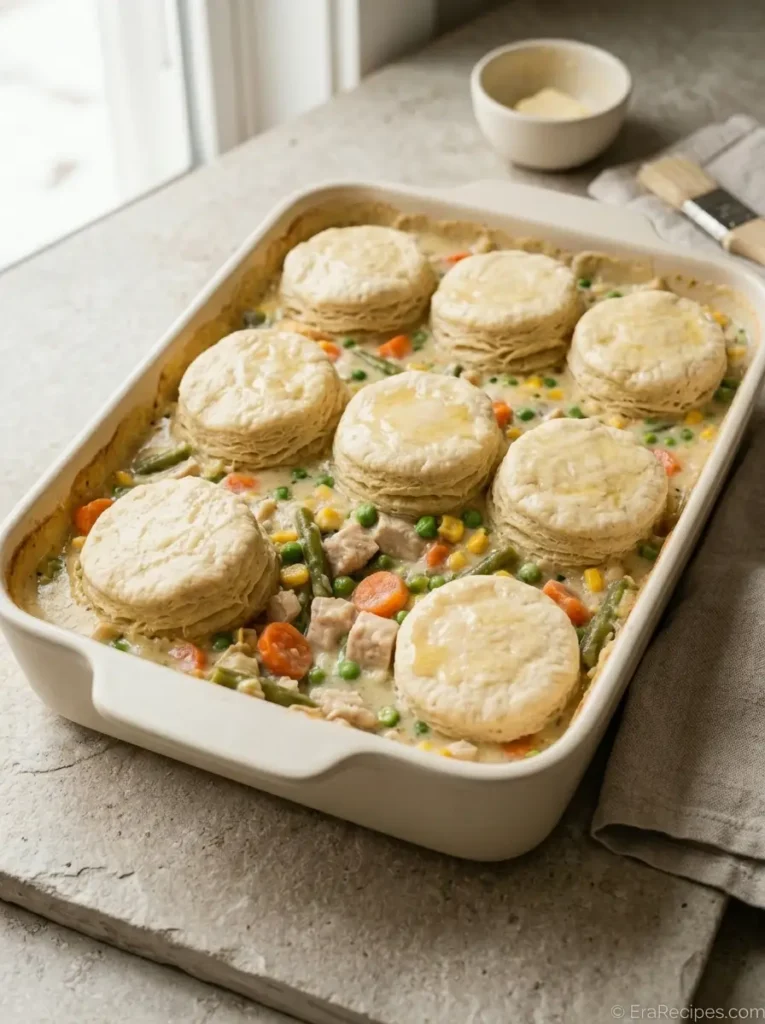 Easy Chicken Pot Pie Casserole for Cozy Weeknights Easy Chicken Pot Pie Casserole Unbaked chicken pot pie casserole topped with buttered buttermilk biscuits