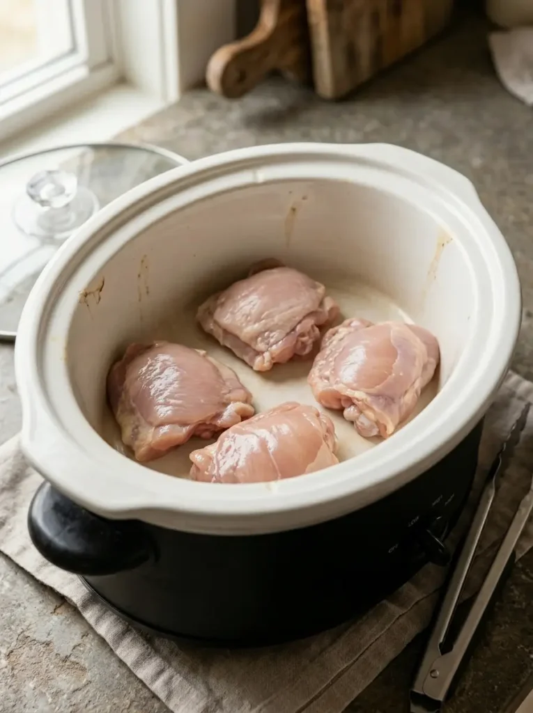 Slow Cooker Honey Garlic Chicken for Busy Families Slow Cooker Honey Garlic Chicken Four boneless chicken thighs arranged in one layer in an ivory slow cooker