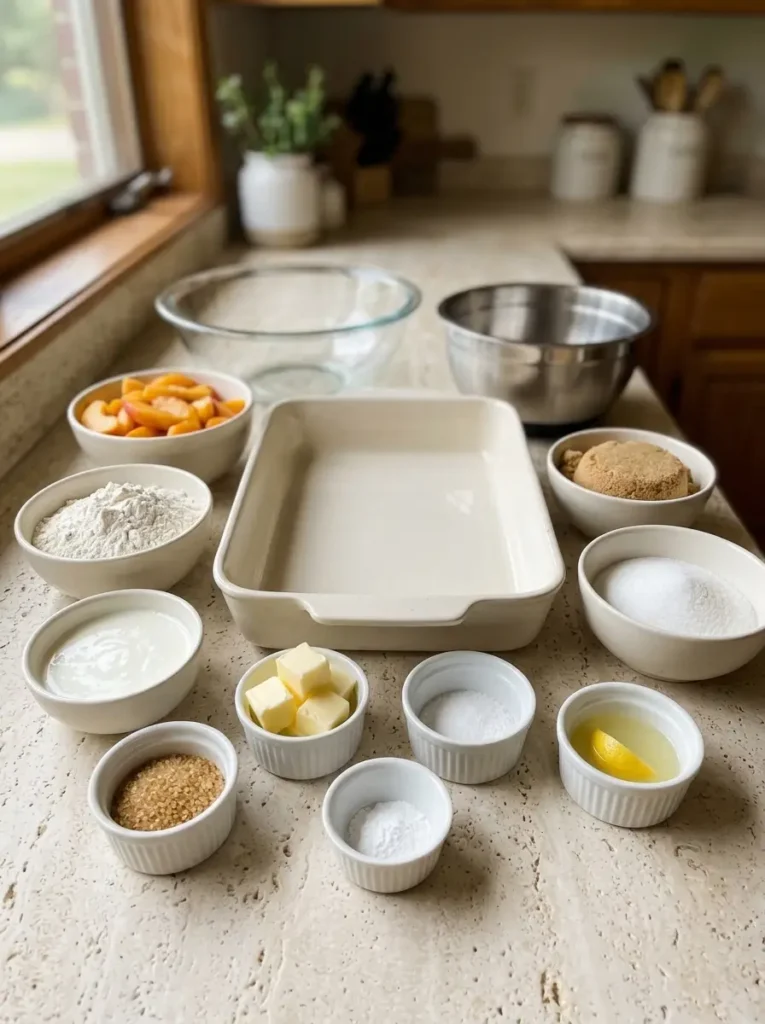 Classic Peach Cobbler with a Golden Buttery Topping Classic Peach Cobbler Ingredients for Classic Peach Cobbler arranged in individual bowls beside an ivory baking dish