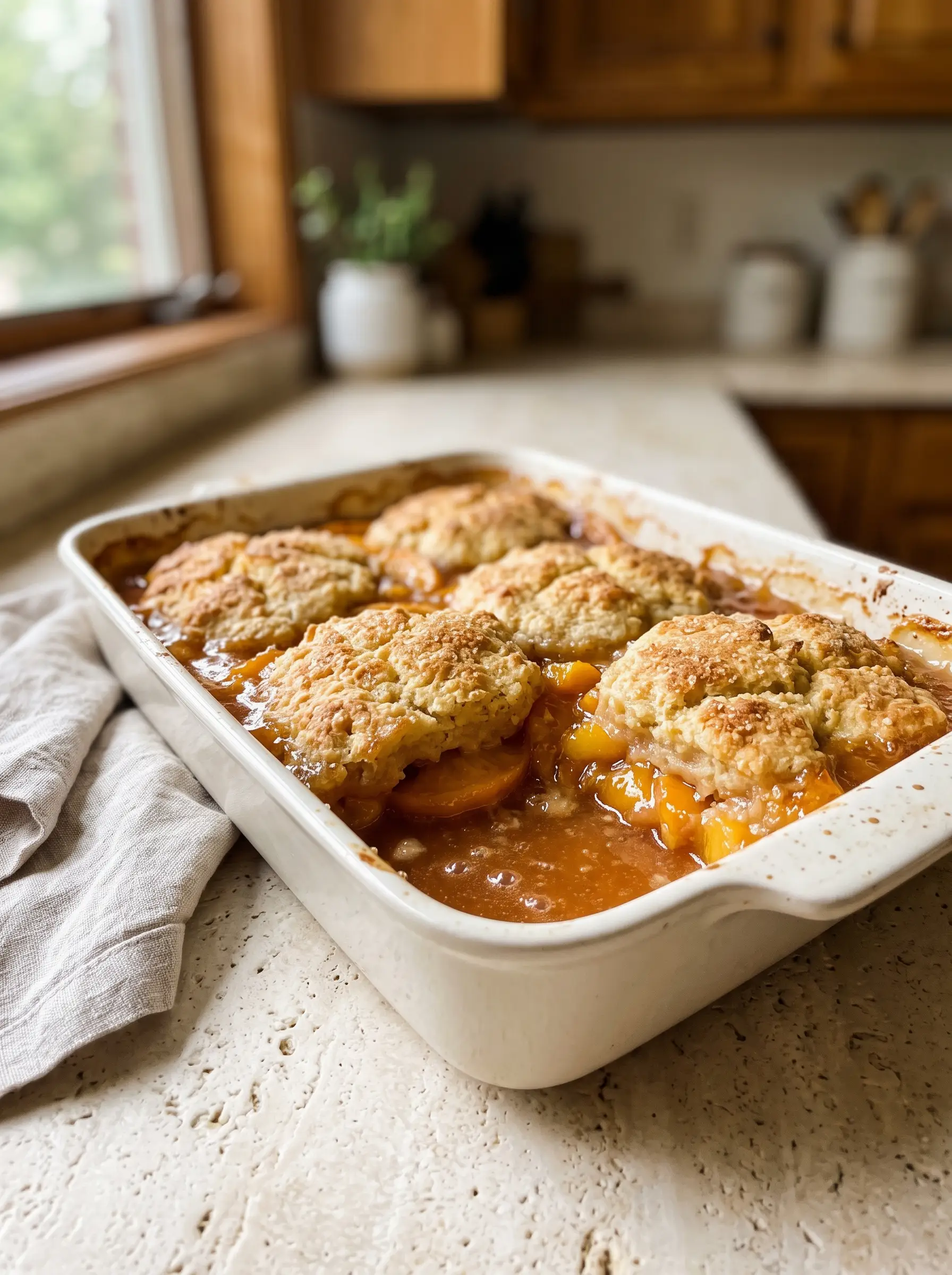 Home Classic Peach Cobbler with a golden buttery biscuit topping in an ivory baking dish
