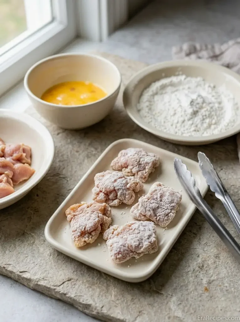 Sweet and Sour Chicken for an Easy Takeout-Style Dinner Sweet and Sour Chicken Chicken pieces being coated in egg, flour, and cornstarch before frying
