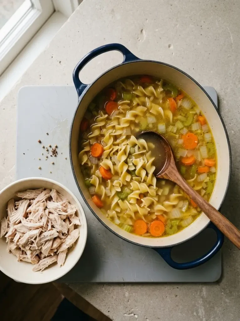 Chicken Noodle Soup for a Cozy Family Dinner Chicken Noodle Soup Carrots, celery, onion, and egg noodles cooking in chicken broth