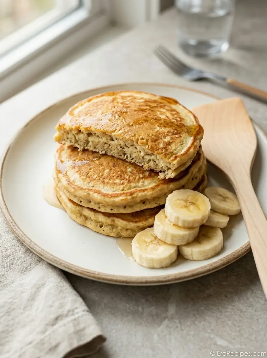 Home Fluffy cottage cheese banana oatmeal protein pancakes stacked for breakfast