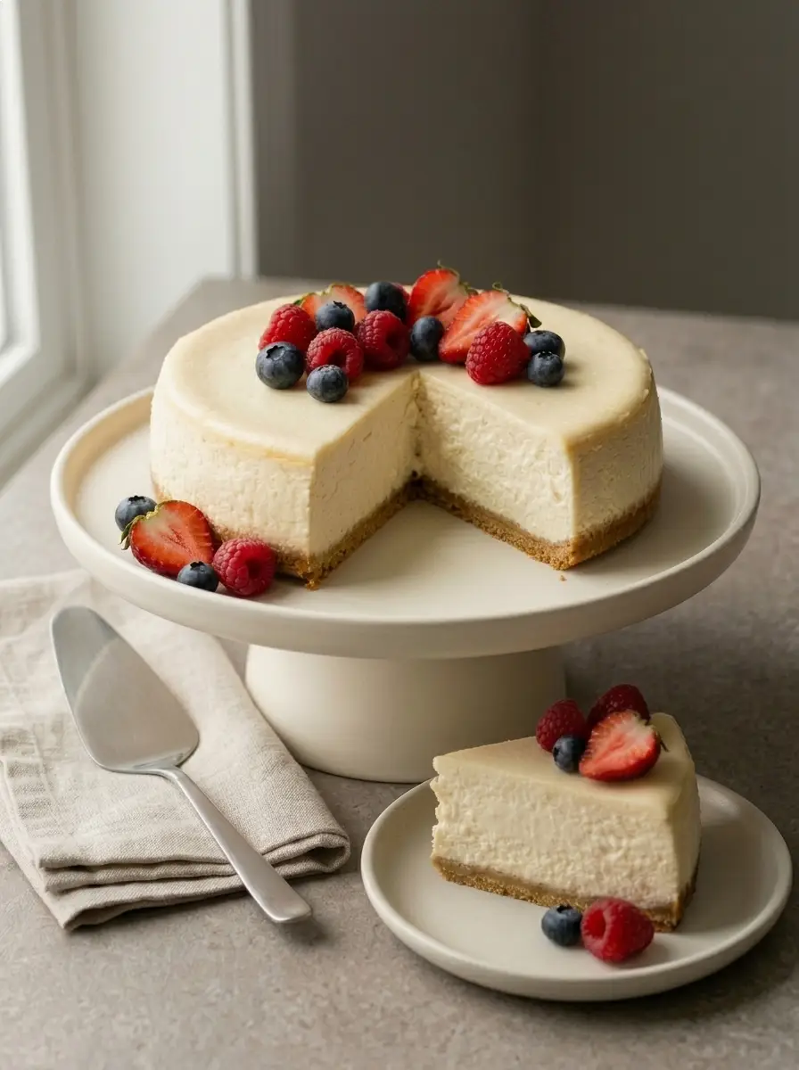 Home Creamy Cottage Cheese Cheesecake with graham crust and fresh berries