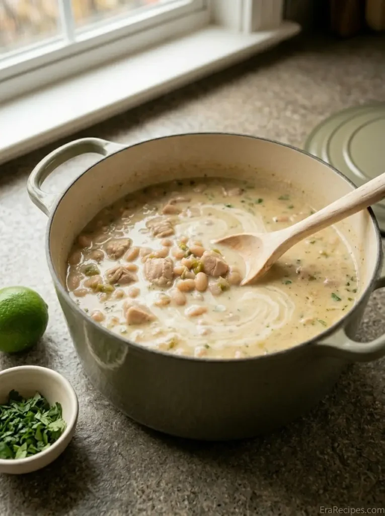 Creamy White Chicken Chili for Cooler Nights Creamy White Chicken Chili Cream cheese melting into white chicken chili off the heat