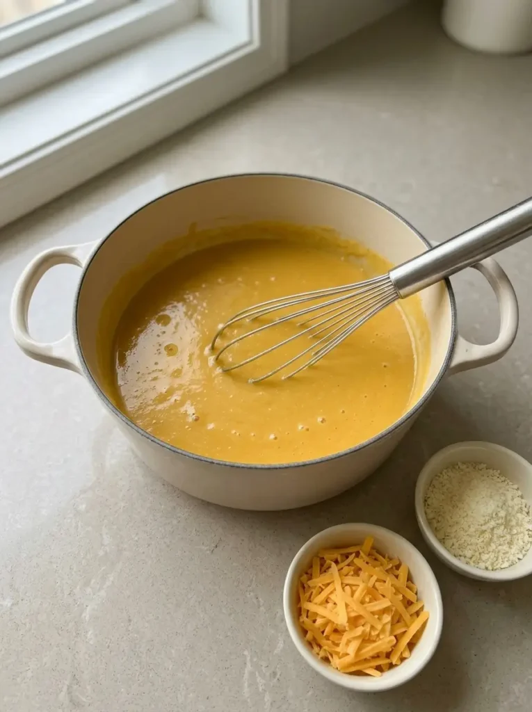 Butternut Squash Mac and Cheese for a Cozy Fall Dinner Butternut Squash Mac and Cheese Smooth golden butternut squash sauce in a cream-colored cooking pot