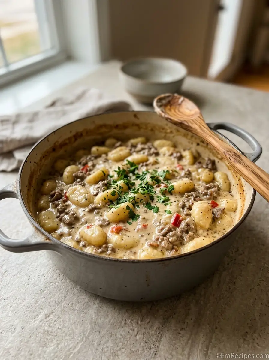 Home Creamy Ground Beef Gnocchi with Parmesan and sweet peppers in one pot