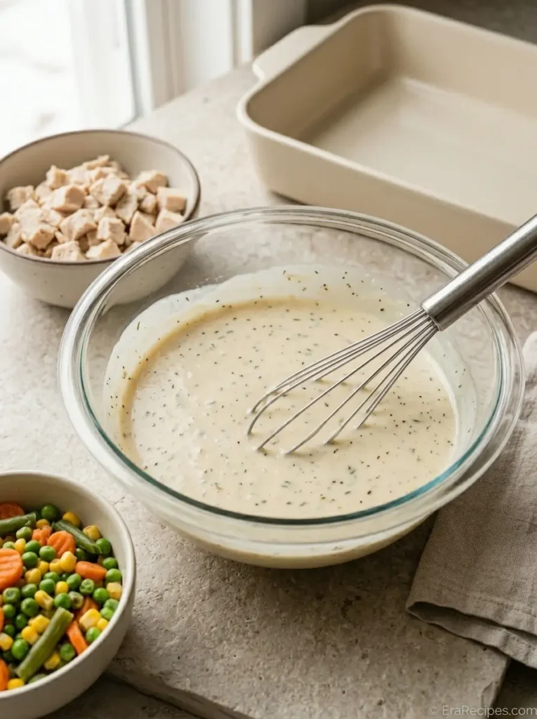 Easy Chicken Pot Pie Casserole for Cozy Weeknights Easy Chicken Pot Pie Casserole Cream cheese and cream of mushroom soup whisked into creamy chicken pot pie sauce