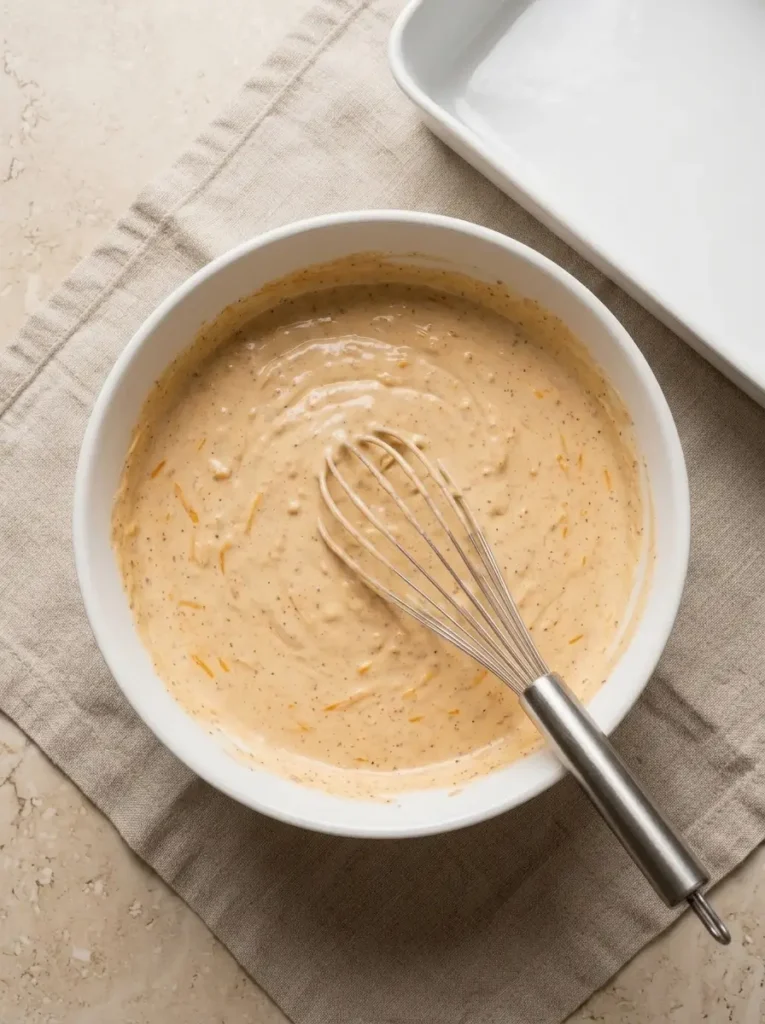 Disappearing Chicken Casserole for an Easy Family Dinner Disappearing Chicken Casserole Overhead view of creamy casserole sauce being mixed in a white bowl