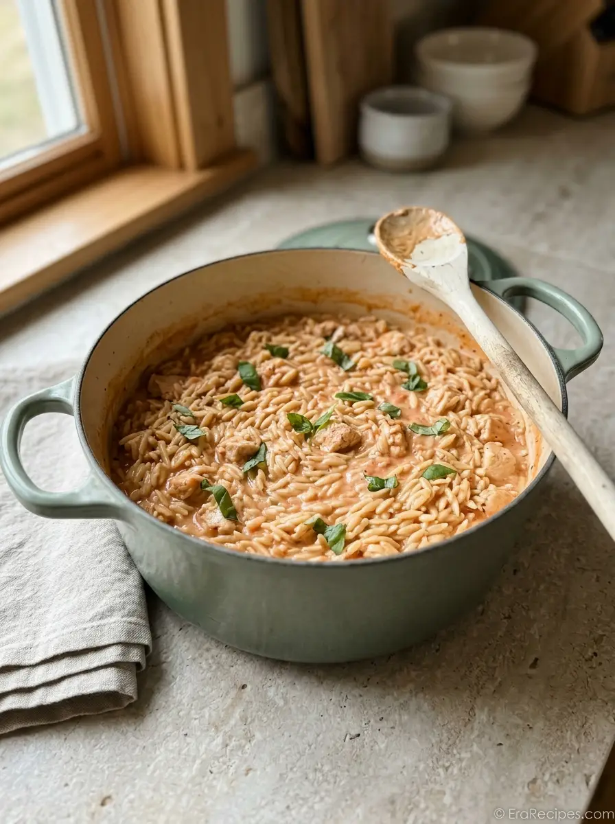 Home Creamy Tomato Chicken Orzo with Parmesan and basil in one pot