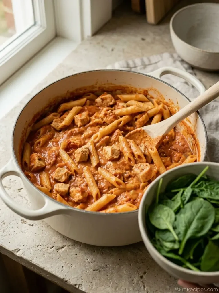 One-Pot Chicken Spinach Pasta under 30 Minutes One-Pot Chicken Spinach Pasta Marinara and cream cheese melted into chicken penne for a creamy one-pot sauce