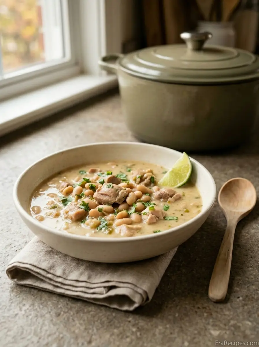 Home Creamy White Chicken Chili with white beans, green chiles, chicken, and cilantro