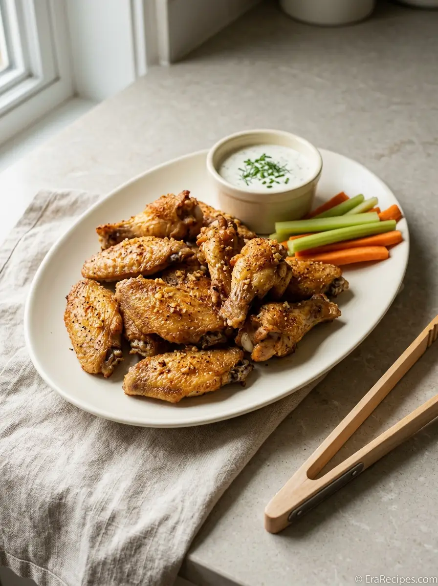 Home Crispy Baked Chicken Wings seasoned with garlic and chili powder for game day