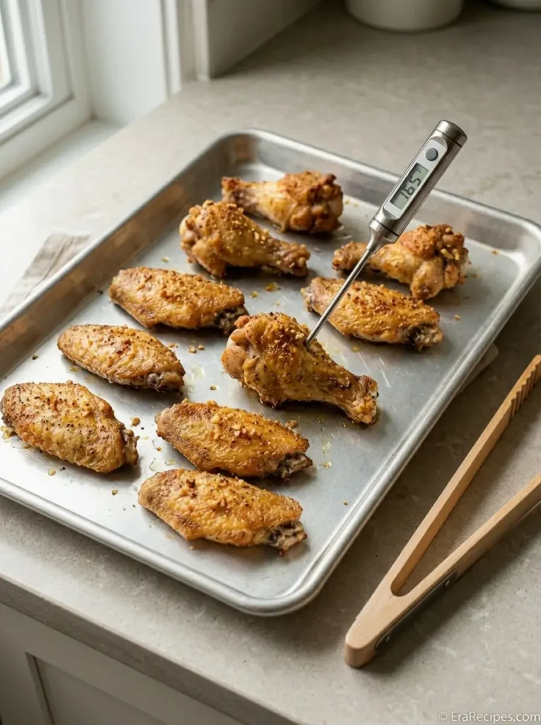 Crispy Baked Chicken Wings for Game Day Crispy Baked Chicken Wings Golden crispy baked chicken wings on a baking sheet after reaching 165 degrees