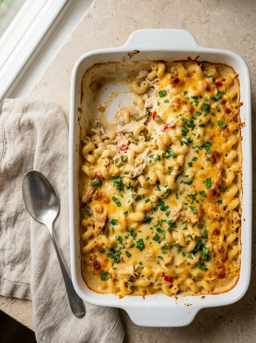 Home Overhead view of creamy Disappearing Chicken Casserole with pasta, chicken, peppers, and melted cheddar