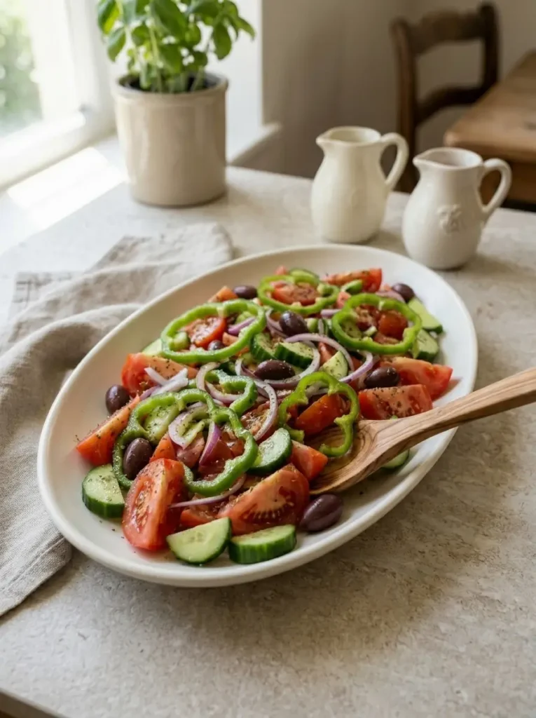 Mediterranean Greek Salad with Feta & Olives for Summer Mediterranean Greek Salad with Feta & Olives Olive oil and vinegar being gently mixed through Greek salad vegetables