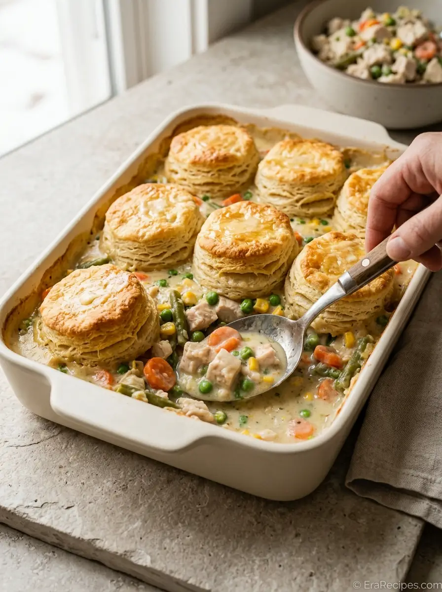 Home Easy Chicken Pot Pie Casserole with creamy chicken filling and golden biscuits