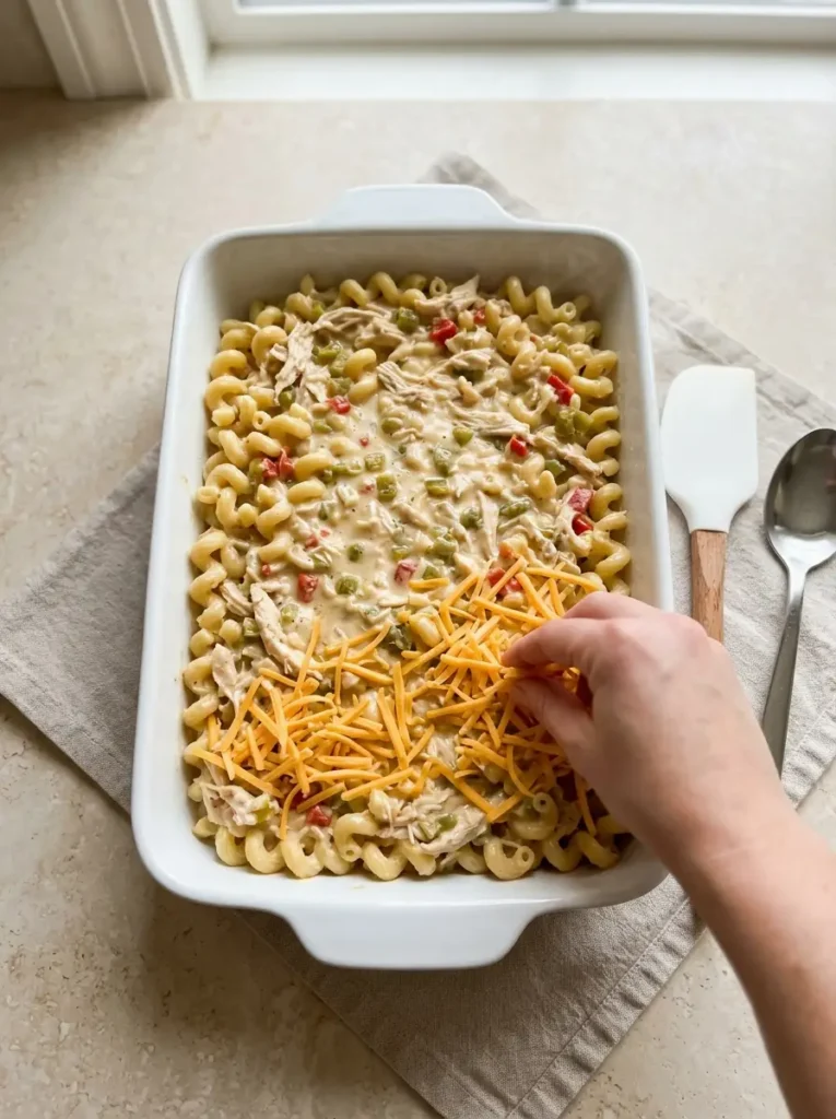 Disappearing Chicken Casserole for an Easy Family Dinner Disappearing Chicken Casserole Overhead view of green chiles, pimientos, and cheddar added to chicken pasta casserole