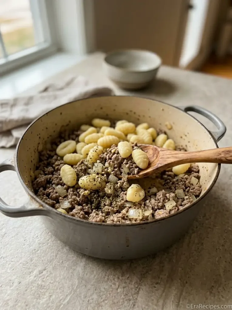 Creamy Ground Beef Gnocchi for a 30-Minute Dinner Ground Beef Gnocchi Potato gnocchi stirred with browned ground beef, onion, garlic, and seasonings