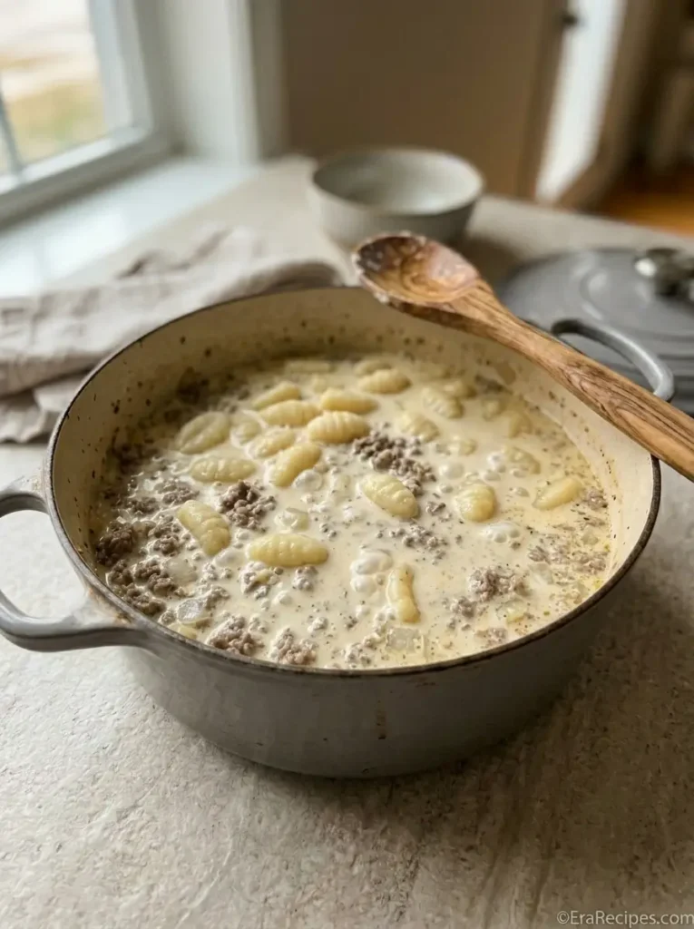 Creamy Ground Beef Gnocchi for a 30-Minute Dinner Ground Beef Gnocchi Ground beef and gnocchi simmering in chicken stock and cream