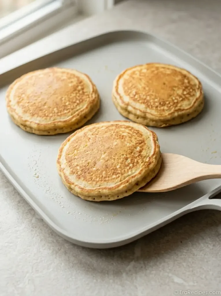 Cottage Cheese Banana Oatmeal Protein Pancakes for Breakfast Cottage Cheese Banana Golden cottage cheese banana oatmeal pancakes flipped and cooking on the second side