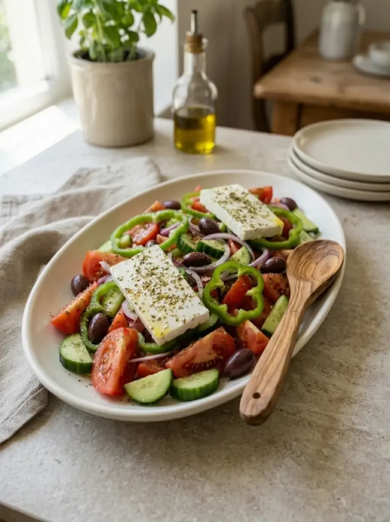 Mediterranean Greek Salad with Feta & Olives for Summer Mediterranean Greek Salad with Feta & Olives Mediterranean Greek Salad platter with vegetables, olives, feta, and oregano for summer serving
