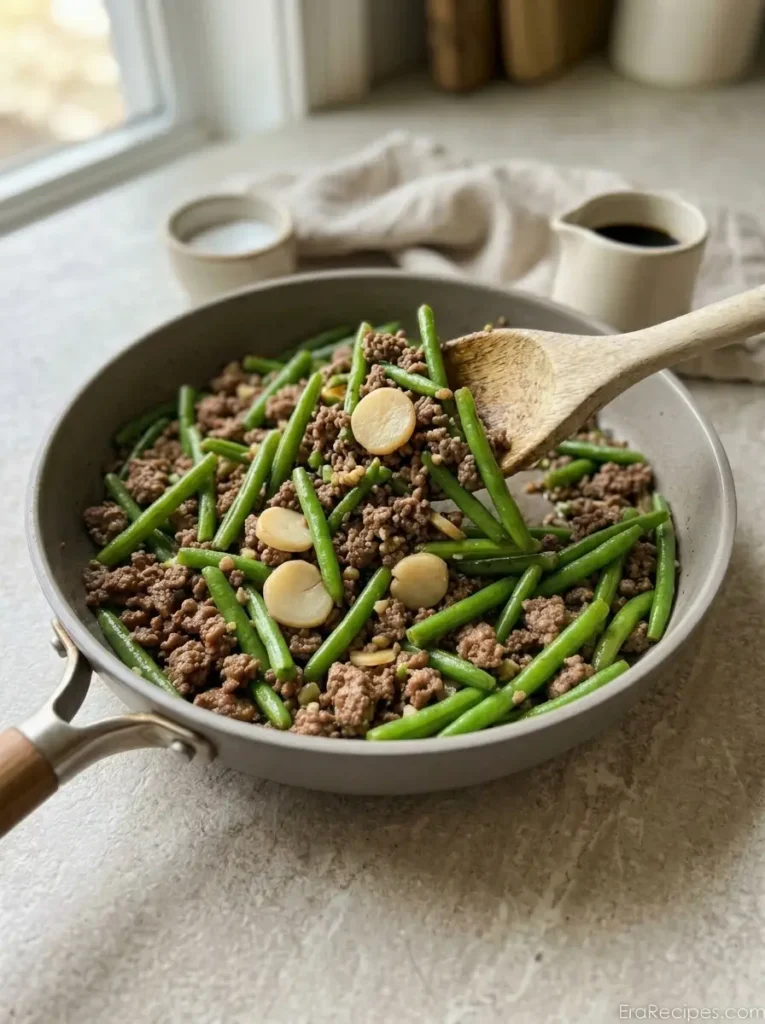 Hamburger Green Bean Skillet for a Quick Weeknight Dinner Hamburger Green Bean Skillet Green beans and optional water chestnuts added to browned ground beef in a skillet