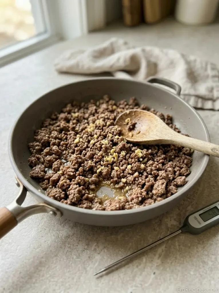Hamburger Green Bean Skillet for a Quick Weeknight Dinner Hamburger Green Bean Skillet Ground beef and garlic browning in a skillet for Hamburger Green Bean Skillet