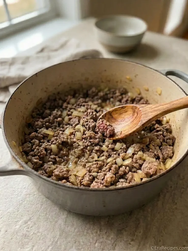 Creamy Ground Beef Gnocchi for a 30-Minute Dinner Ground Beef Gnocchi Ground beef and onion browned in a Dutch oven for creamy gnocchi