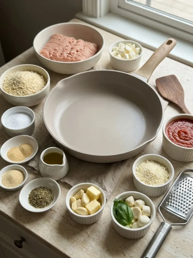 Ground Chicken Parmesan for an Easy Weeknight Dinner Ground Chicken Parmesan Ground Chicken Parmesan ingredients arranged separately in matching ivory bowls