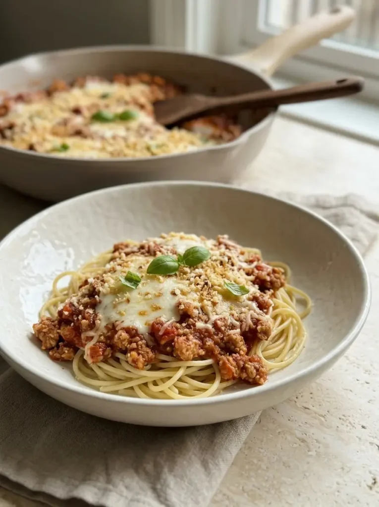 Ground Chicken Parmesan for an Easy Weeknight Dinner Ground Chicken Parmesan Ground Chicken Parmesan served over spaghetti with mozzarella and toasted breadcrumbs