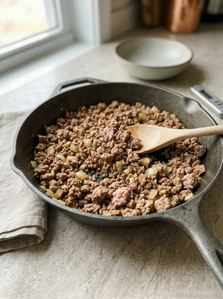 Ground Turkey Sweet Potato Skillet under 30 Minutes Ground Turkey Sweet Potato Skillet Ground turkey browning with onion and garlic in a cast-iron skillet