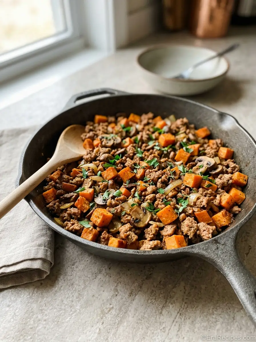 Home Ground Turkey Sweet Potato Skillet with mushrooms and diced sweet potatoes